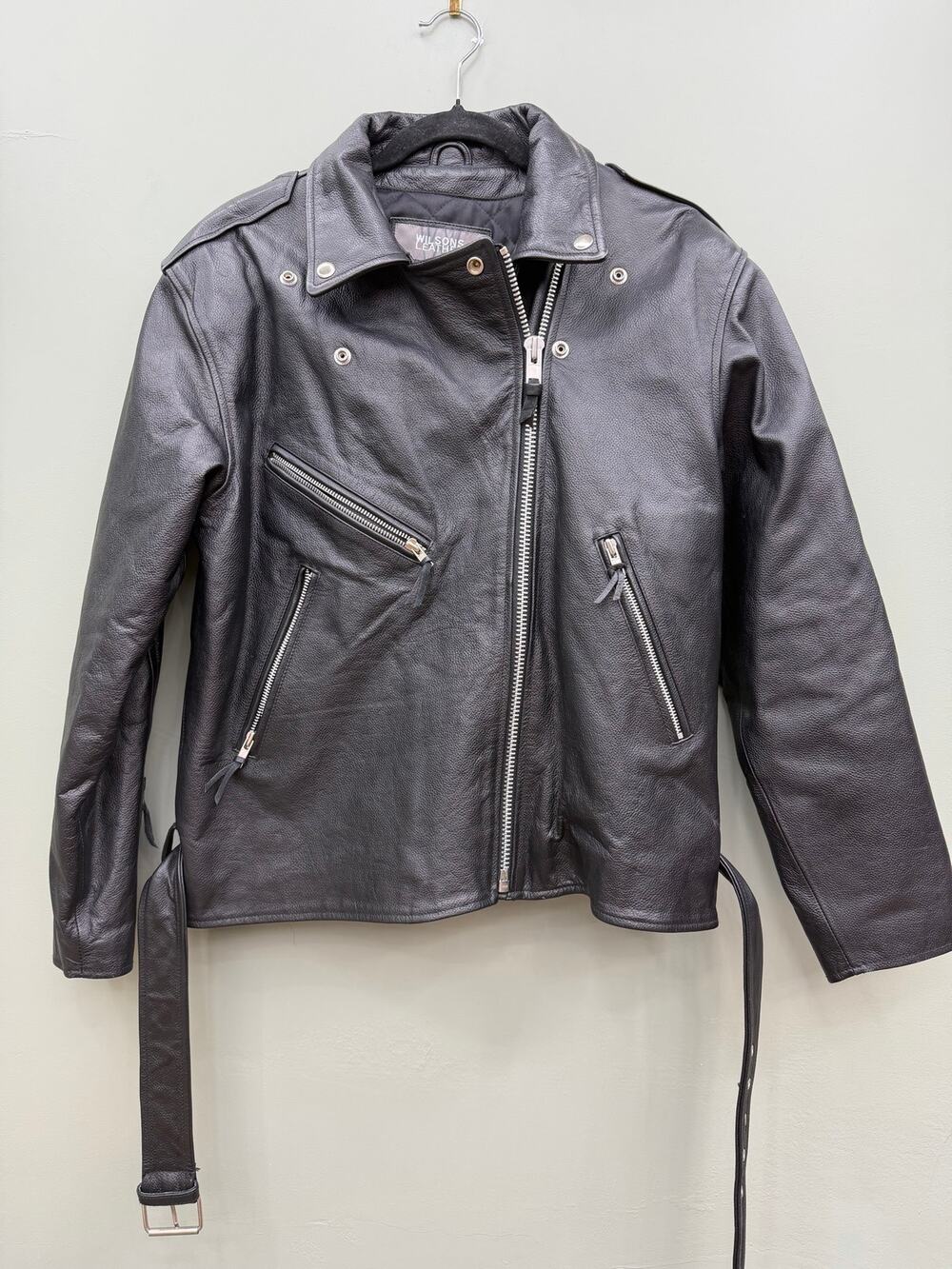 Wilsons Leather Biker Jacket Men M Black Heavyweight Thinsulate Belted Moto